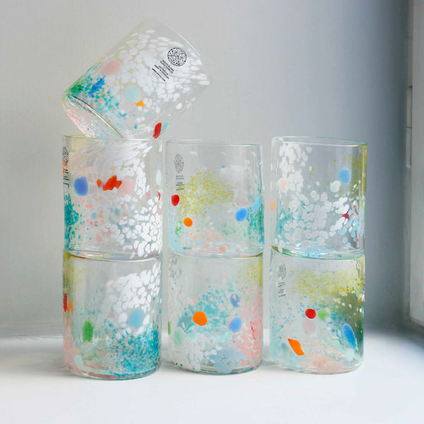 mouth blown glass tumbler with colorful bits