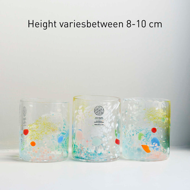 mouth blown glass tumbler with colorful bits